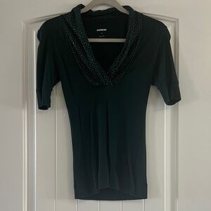 Express Women's Dark Green V-Neck Top